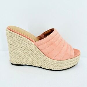 Lisa Vicky Womens Coral Pink Quilted Espadrille Wedge Mules Sz 6M Platform NWOB